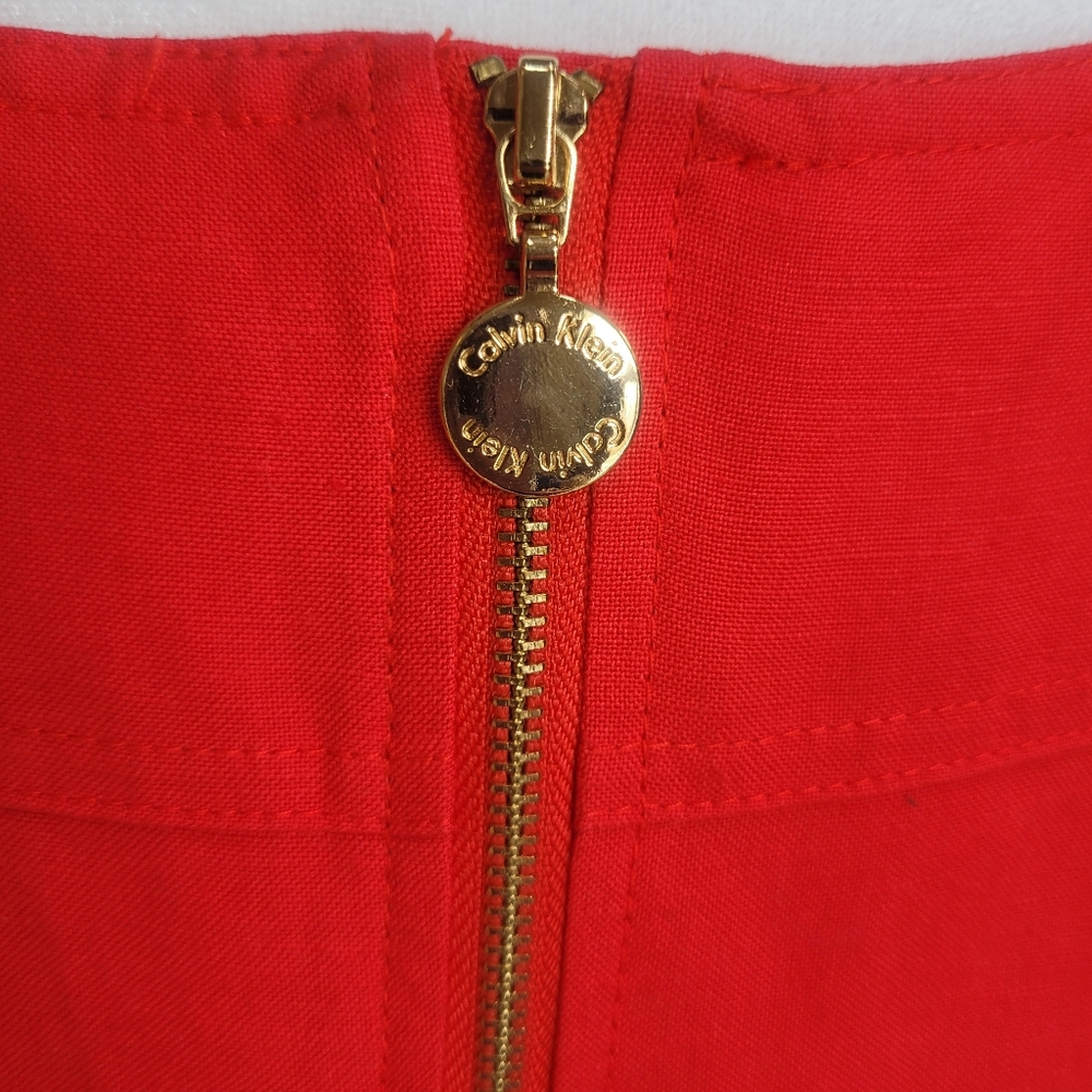 Chic Calvin Klein Red Linen Sleeveless Belted Dress Size 12 W/Pockets Like New - Picture 12 of 13